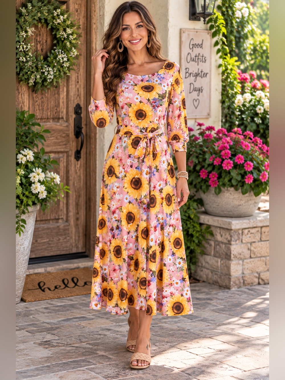 Janette F/S Sunflower Floral Tie-Waist Dress NWOT